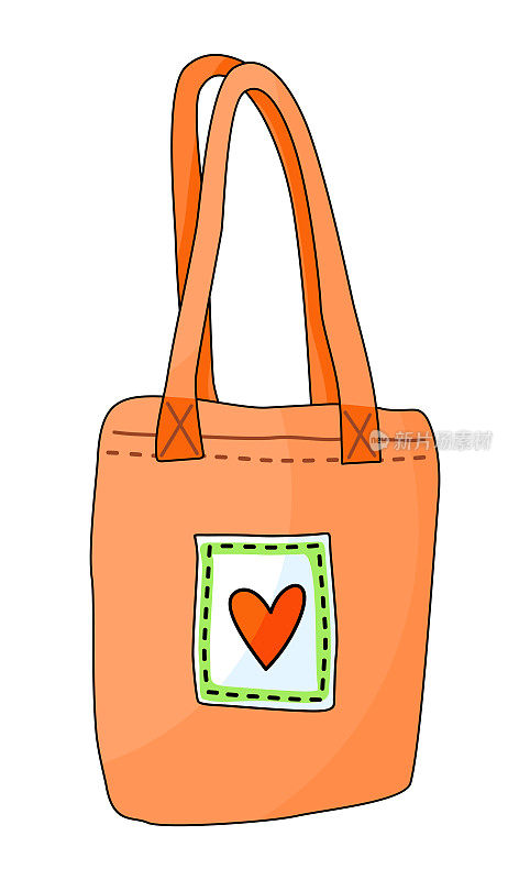 橙色生态棉袋，可重复使用和循环利用理念，零浪费，杂货，节约自然，心形标志
