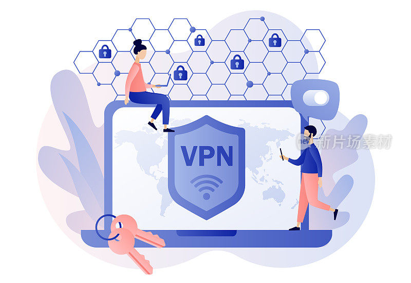 笔记本电脑上的VPN服务。虚拟专用网络的概念。网络安全，网络安全，数据保护，远程服务器。现代平面卡通风格。白色背景上的矢量插图