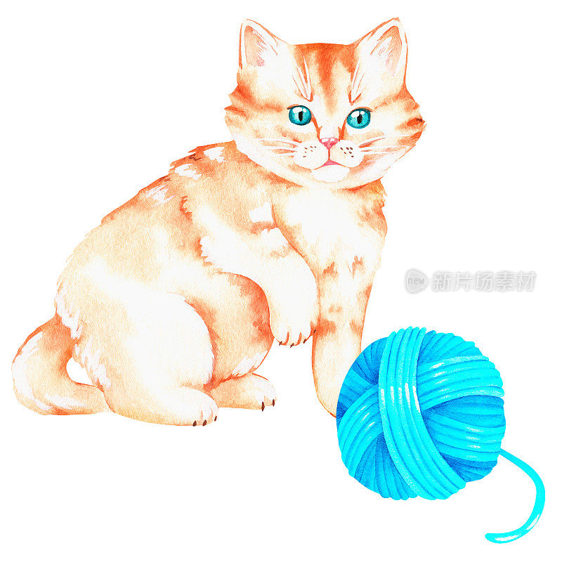 小姜猫玩毛线。水彩插图。孤立在白色背景上。为设计。