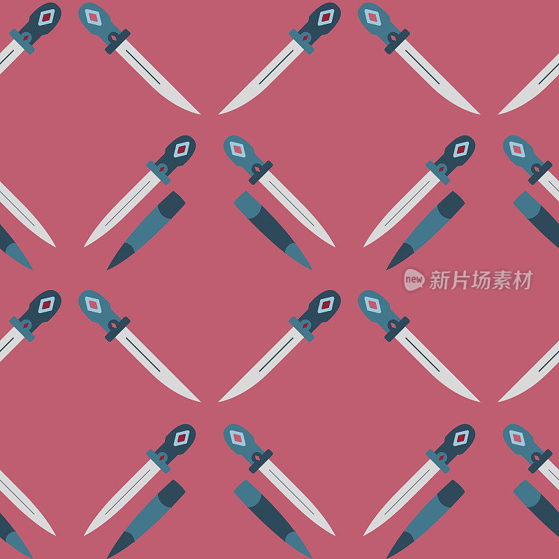 矢量无缝模式的金属历史匕首在粉红色的背景。模式与近战武器。极简模式与匕首