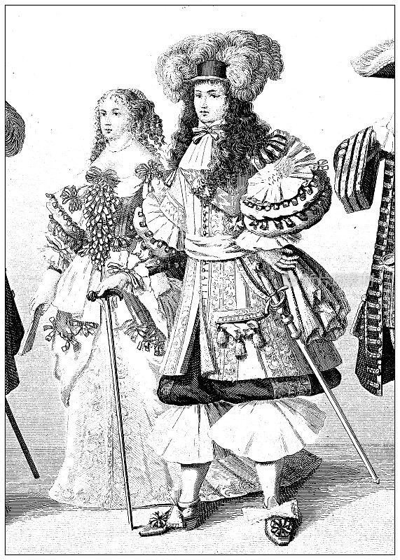 古董雕刻插图，文明:路易十四和女王玛丽亚特蕾莎的西班牙，1670年