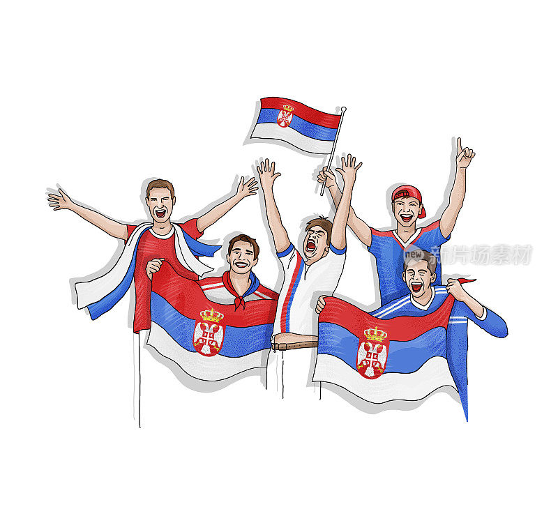 五名球迷举着塞尔维亚国旗庆祝