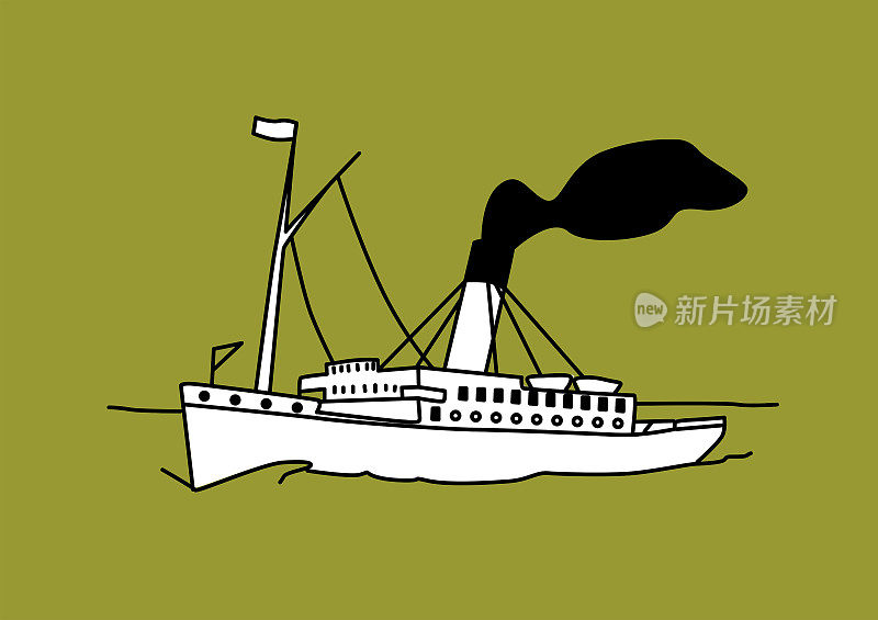 20世纪初的老式帆船蒸汽船从烟囱中冒出浓烟。卡通风格矢量插图。