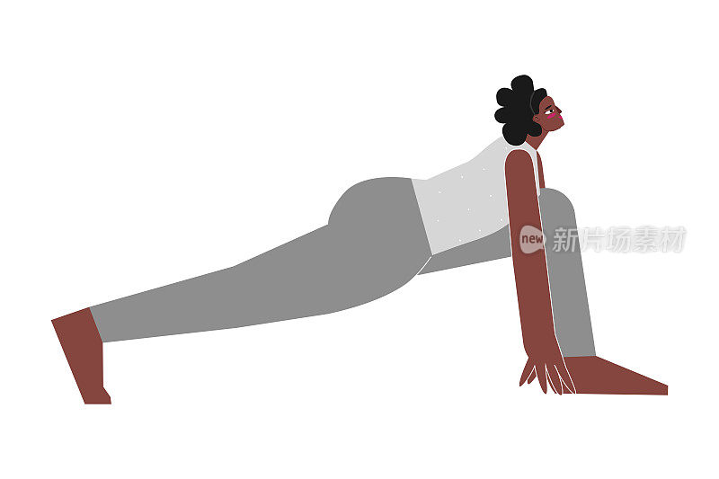 矢量插图与扁平的女性非洲裔美国人的性格。在瑜伽课上学习站立姿势。健身运动-高弓步