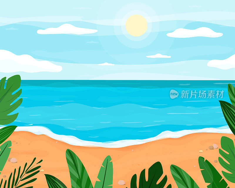 热带海滩卡通全景。阳光明媚的一天。在沙滩上过暑假。通用背景包装和明信片。矢量插图,平