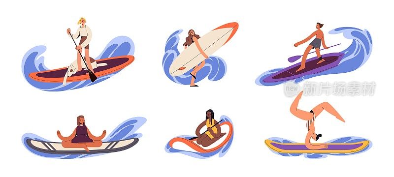 把餐板放在水里的人，夏日运动。角色用桨漂浮，用冲浪板站立或坐下，用冲浪板游泳。在白色背景上孤立的平面图形矢量插图