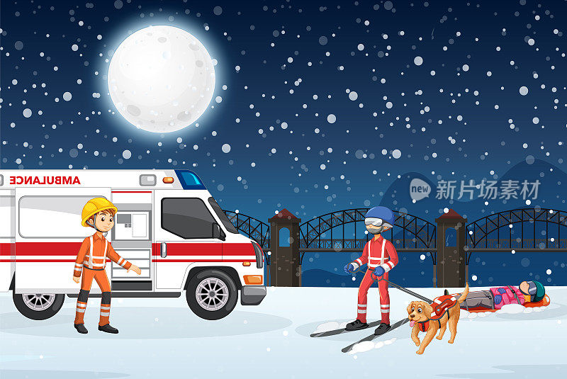 雪景与消防队员救援卡通风格