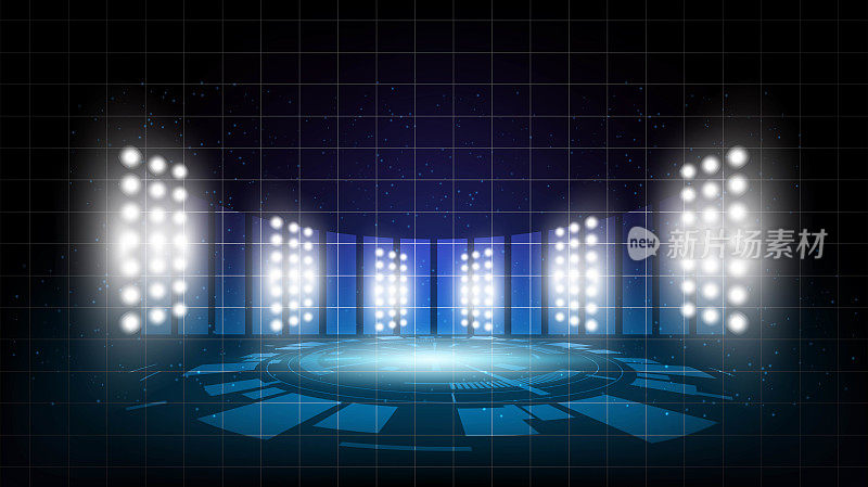 抽象背景体育场舞台大厅与风景灯圆形未来技术用户界面蓝色矢量照明空舞台聚光灯背景。