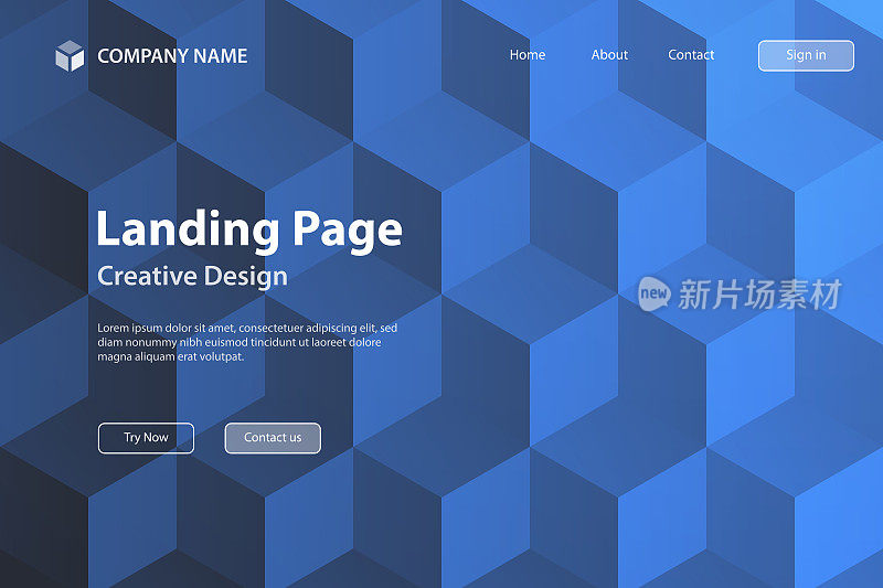 登陆页面模板-抽象的几何背景与蓝色立方体-新潮的3D背景