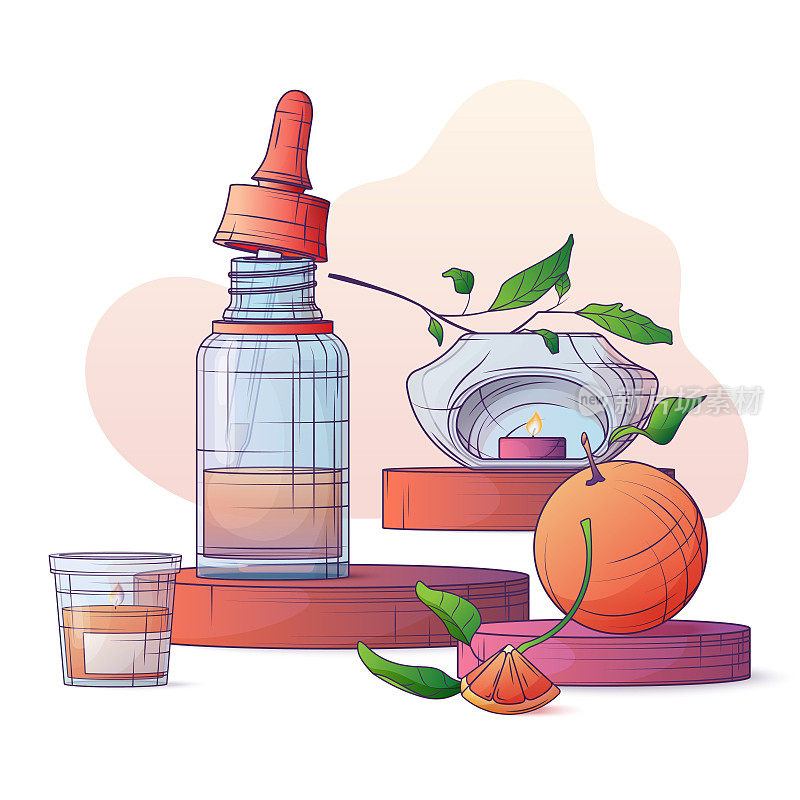 矢量插图的组成与瓶精油，橘子，树叶，香薰灯，蜡烛。