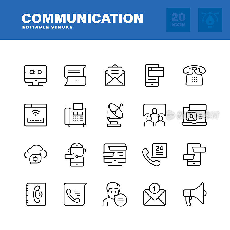 通信线路图标设置。可编辑的中风。像素完美。