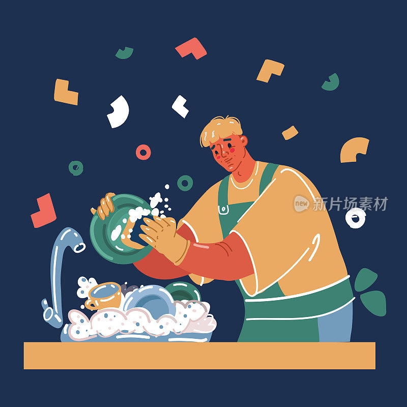 男人洗碗的卡通矢量插图
