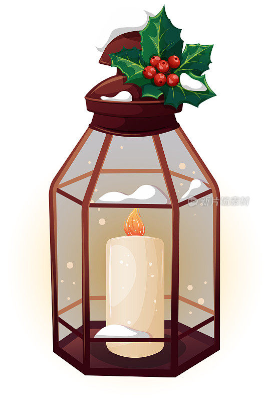 白雪覆盖的卡通灯笼与燃烧的蜡烛和冬青在透明的背景