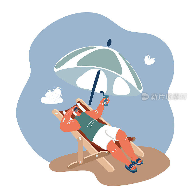矢量插图的海滩夏天。度假的人在阳光下放松，在躺椅上，在伞下