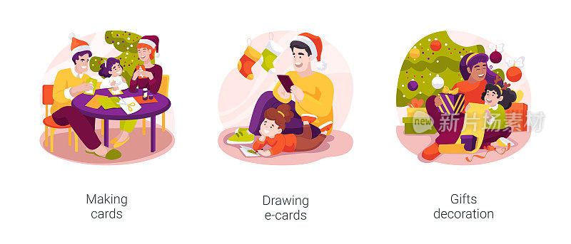 圣诞贺卡和礼品孤立卡通矢量插图集