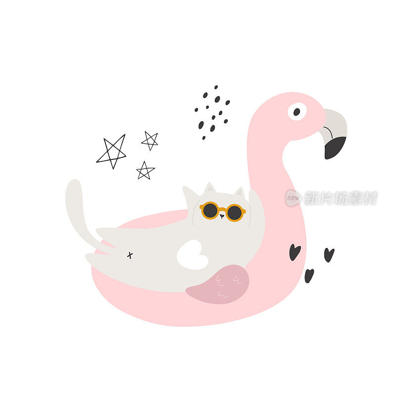 一只有趣的猫在粉红色火烈鸟上游泳的平面矢量插图
