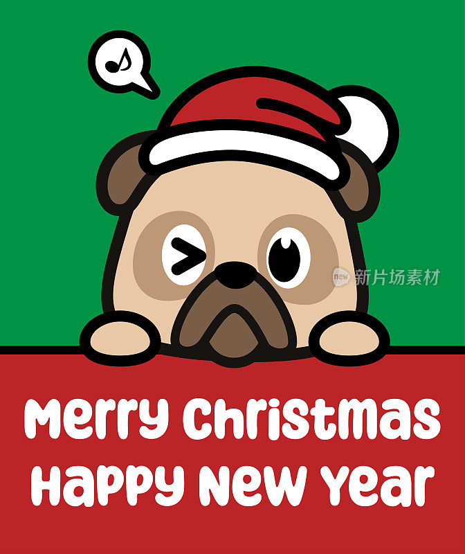 一只可爱的狗狗戴着圣诞帽，举着牌子，祝你圣诞快乐，新年快乐