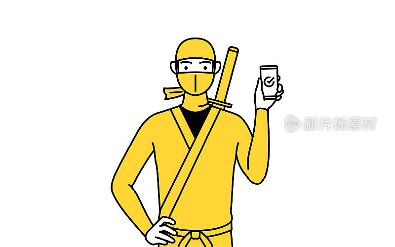 一名男子打扮成忍者在工作时使用智能手机。