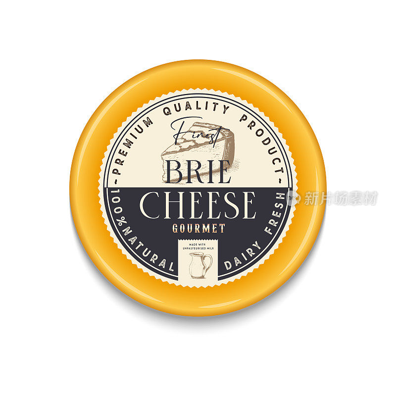 布里奶酪复古圆标签和包装设计。奶酪详图。奶牛场插图。奶酪包装设计。
