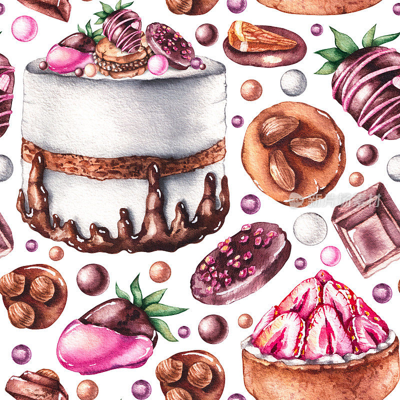 水彩图案的蛋糕，馅饼，巧克力覆盖草莓，巧克力块，糖果和球