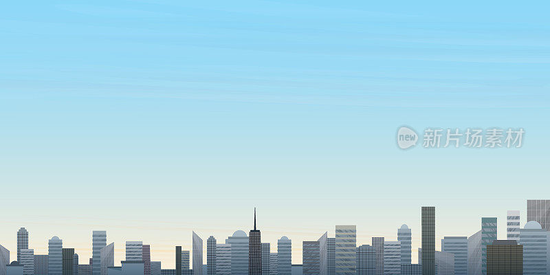 摩天大楼与日出天空背景矢量插图有空白的空间。建筑物的剪影映衬着清晨的天空。