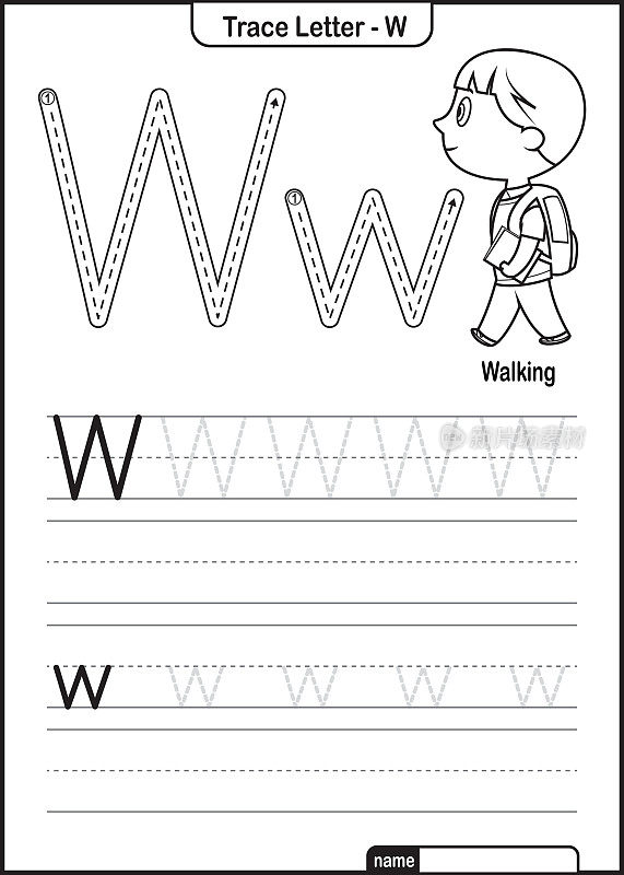 字母跟踪字母A到Z学龄前工作表与字母W行走亲矢量