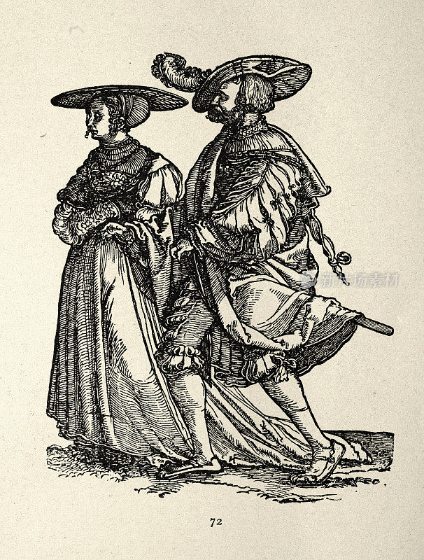 16世纪德国的历史服装夫妇，穿着带帽子的连衣裙，紧身上衣和马裤，斗篷