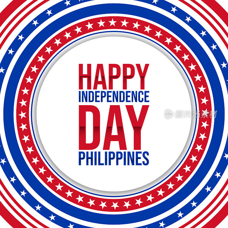 菲律宾独立日爱国背景。菲律宾国旗蓝色和红色彩色字体和传统圆圈，祝菲律宾独立日快乐。