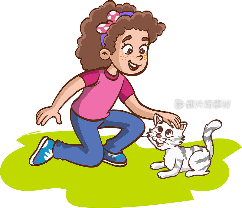 女孩爱一个可爱的小猫矢量插图动物，婴儿，护理，卡通，猫，性格，孩子，童年，孩子，拥抱，可爱，女性，朋友，友谊，乐趣，有趣，女孩，手，快乐，抱，家，拥抱，人类，插图，快乐，孩子，小猫，凯蒂
