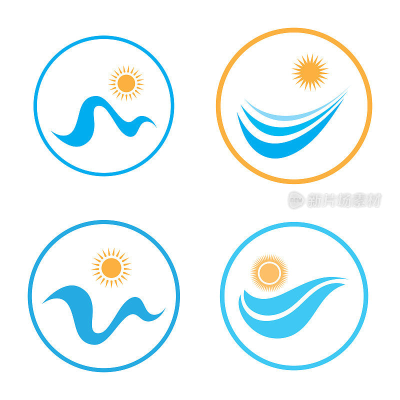 太阳和海浪标志，海滩海浪，极简主义和简单的现代概念与平面颜色设计模板插图向量