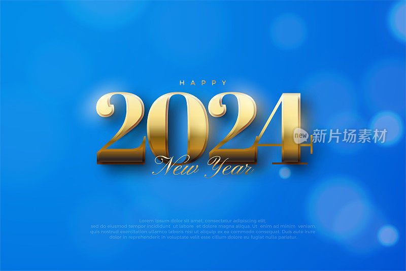 2024年新年设计。经典闪亮的金色数字在红色的背景。为问候和快乐的新年2024庆祝的高级矢量设计。