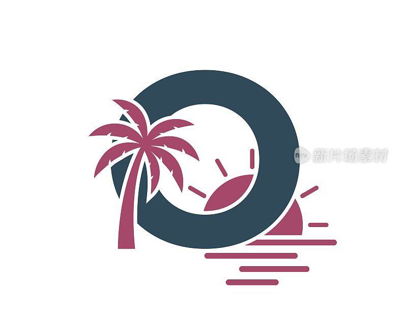 字母o有棕榈树、大海和阳光。创意假期字母标志。夏日与异域旅游设计