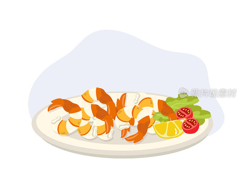 煮熟的对虾或虾配柠檬片圣女果和生菜。海鲜。平面矢量卡通插图
