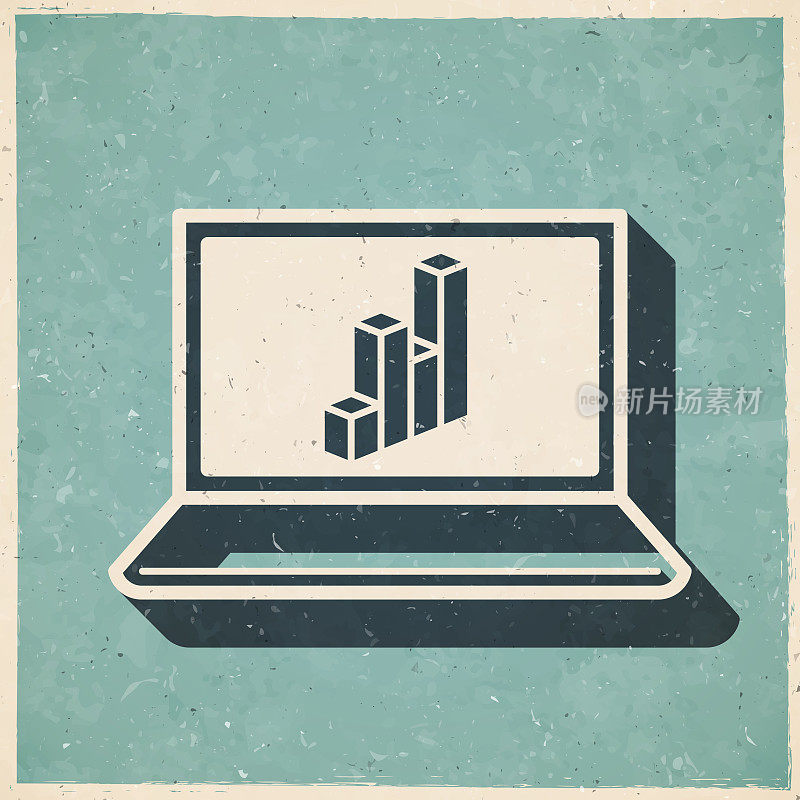 带有3D图表的笔记本电脑。图标复古复古风格-旧纹理纸