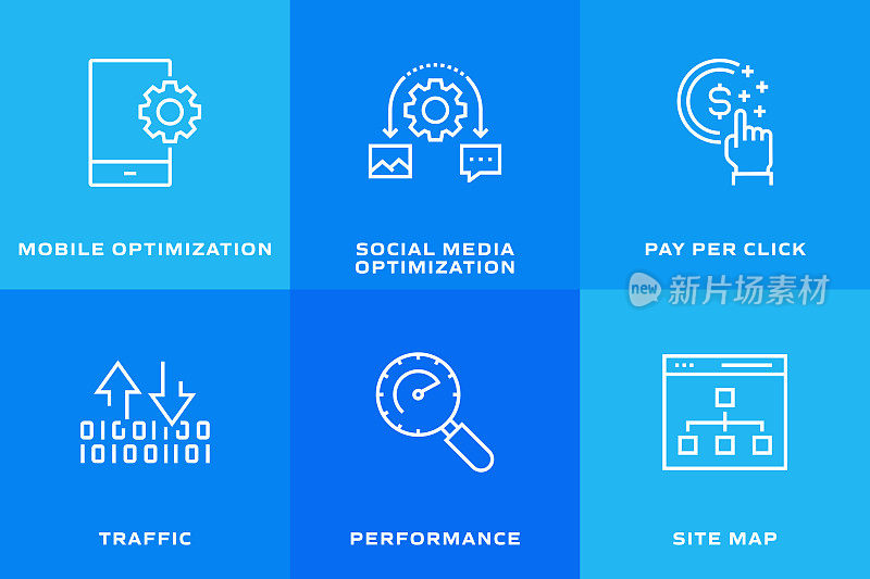 SEO相关的矢量线图标。轮廓符号集合