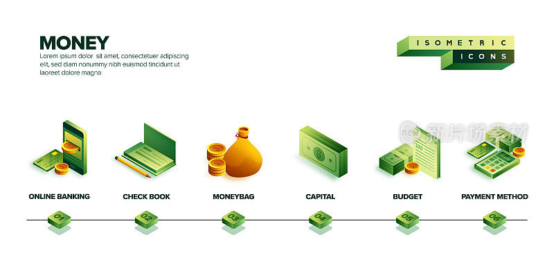 矢量插图货币等距图标和三维横幅设计。采购产品数字货币，硬币，钱包，信用卡，银行，美元标志，钱袋，财富，赚钱。