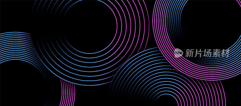 现代抽象的蓝色，粉红色和紫色梯度圆线在深黑色的背景设计