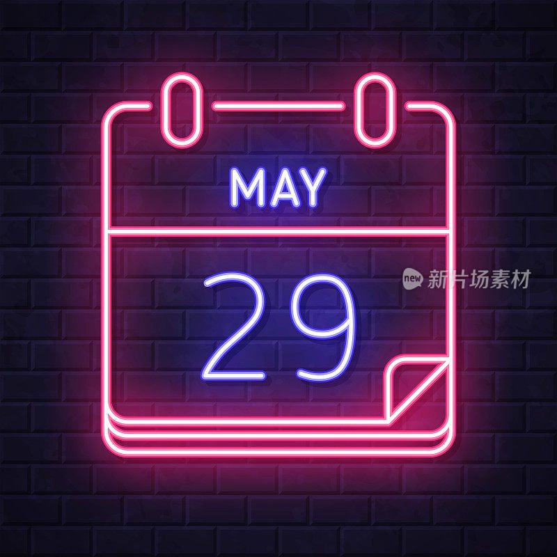 5月29日。在砖墙背景上发光的霓虹灯图标