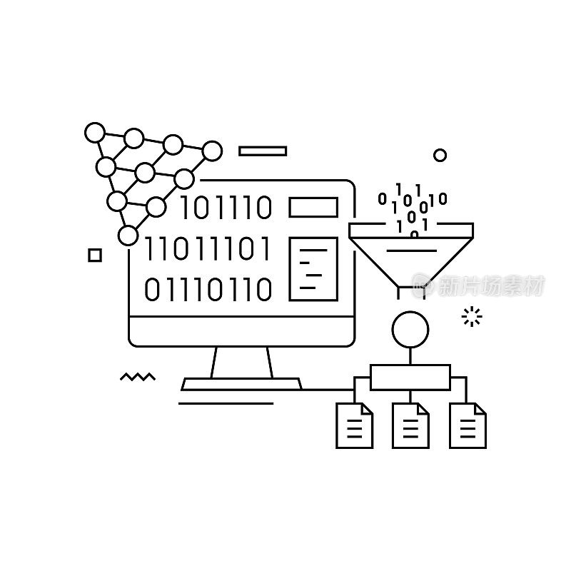 使用线图标进行大数据相关设计。简单轮廓符号图标。信息，分析，编码，服务器。