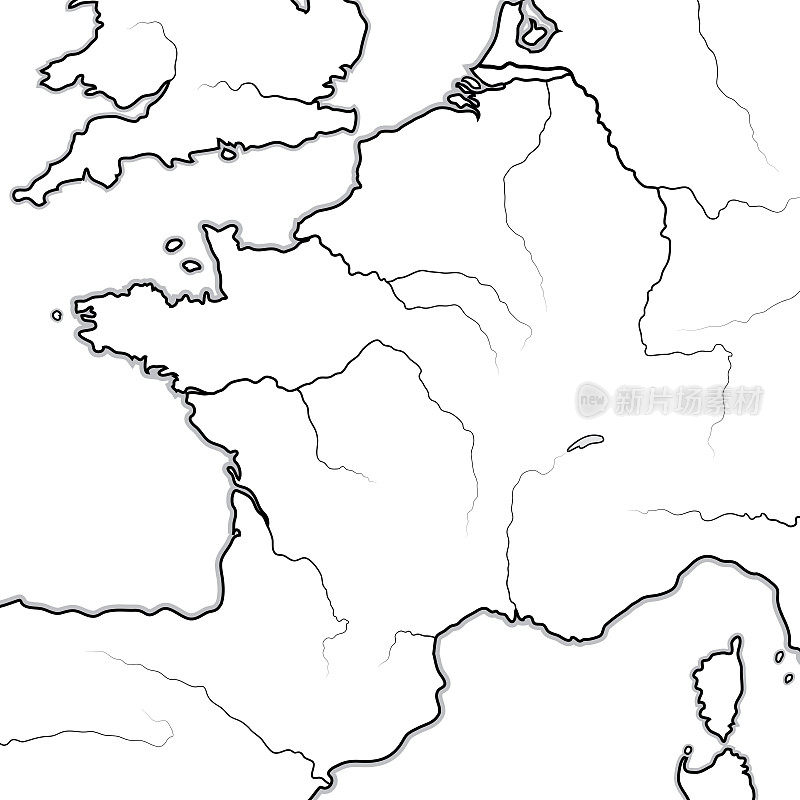 法国土地地图:法国及其地区(Île-de-France，香槟酒，诺曼底，布列塔尼，阿基坦，欧西塔尼，普罗旺斯，勃艮第，洛林，艾尔萨斯)。有海岸线和河流的地理图。
