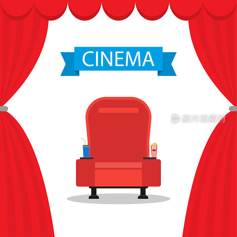 电影院里舒适的红色扶手椅上有饮料和爆米花。红色礼堂