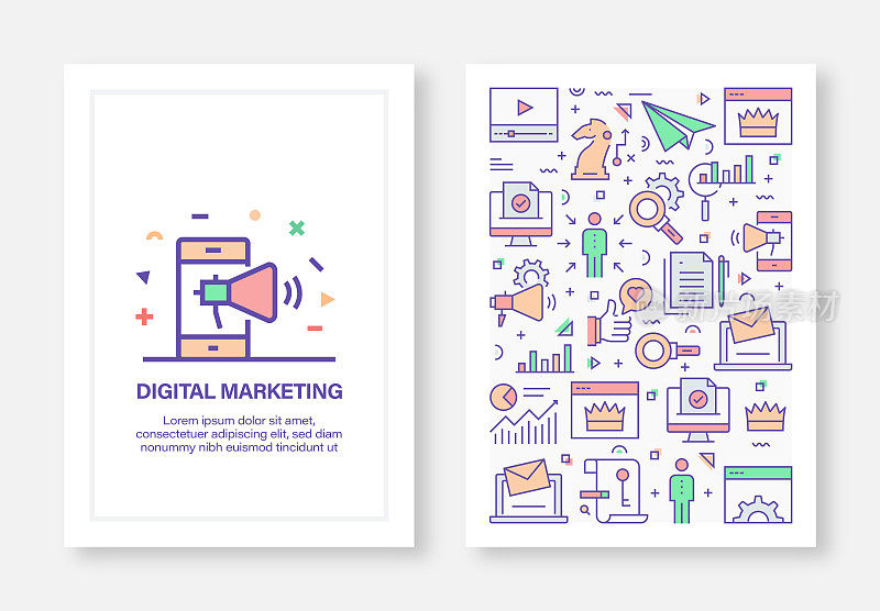 数字营销概念线风格封面设计的年度报告，传单，小册子。