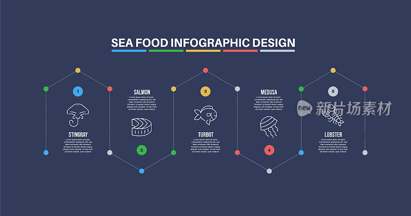 信息图表设计模板与海产品的关键字和图标