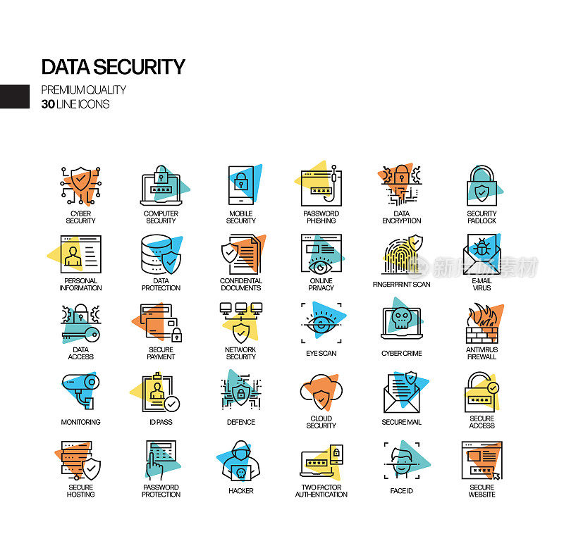 简单的一组数据安全相关的聚光灯矢量线图标。大纲符号集合。
