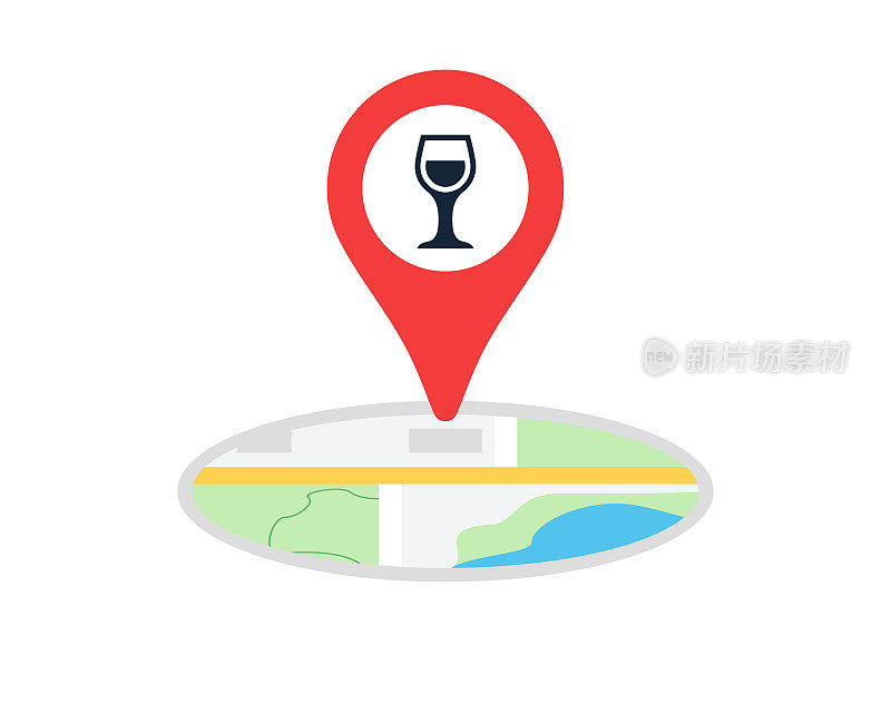 葡萄酒杯与导航位置地图大头针图标矢量插图