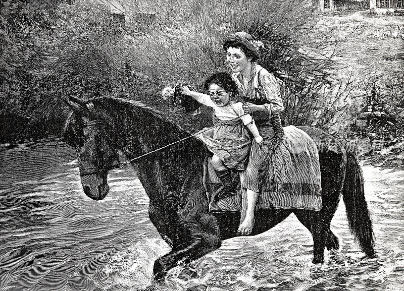 妈妈和孩子一起骑马，骑过一条河，孩子哭了
