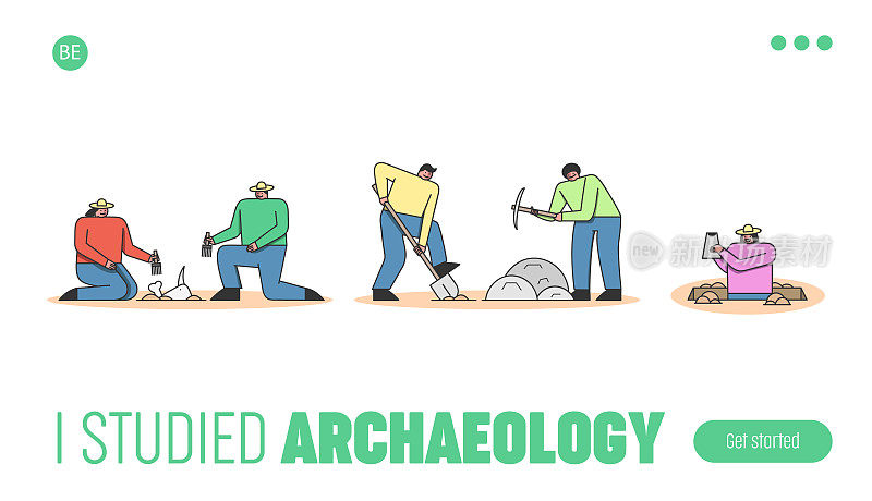 考古挖掘的概念。网站登录页面。在古代遗迹中挖掘古代遗迹的考古学家小组。网页卡通线性轮廓平面风格。矢量图