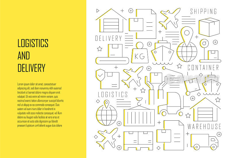 物流和配送相关线设计风格网页横幅矢量插图
