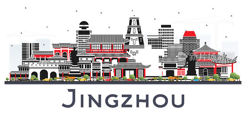 中国荆州城市天际线与彩色建筑隔离在白色。