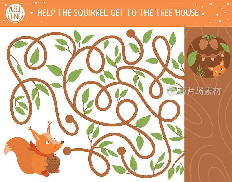 秋季儿童迷宫。学前印刷教育活动。有趣的秋季拼图与可爱的动物。帮助松鼠去树屋。孩子们的森林游戏。